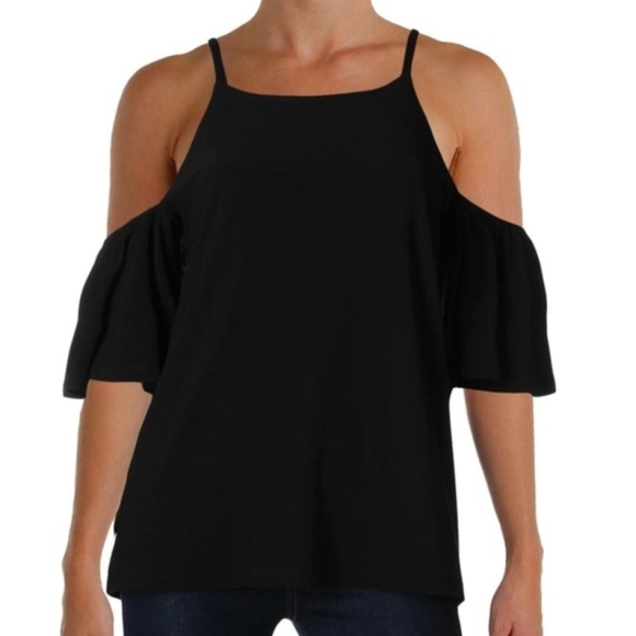 INC International Concepts Tops - INC Cold Shoulder Top Solid Black Stretch Large